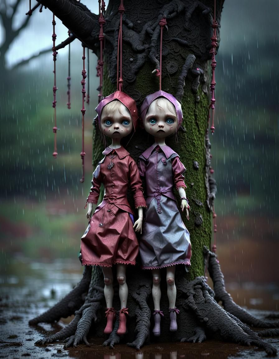 Cursed Dolls Tied to Tree in Rainy Weather