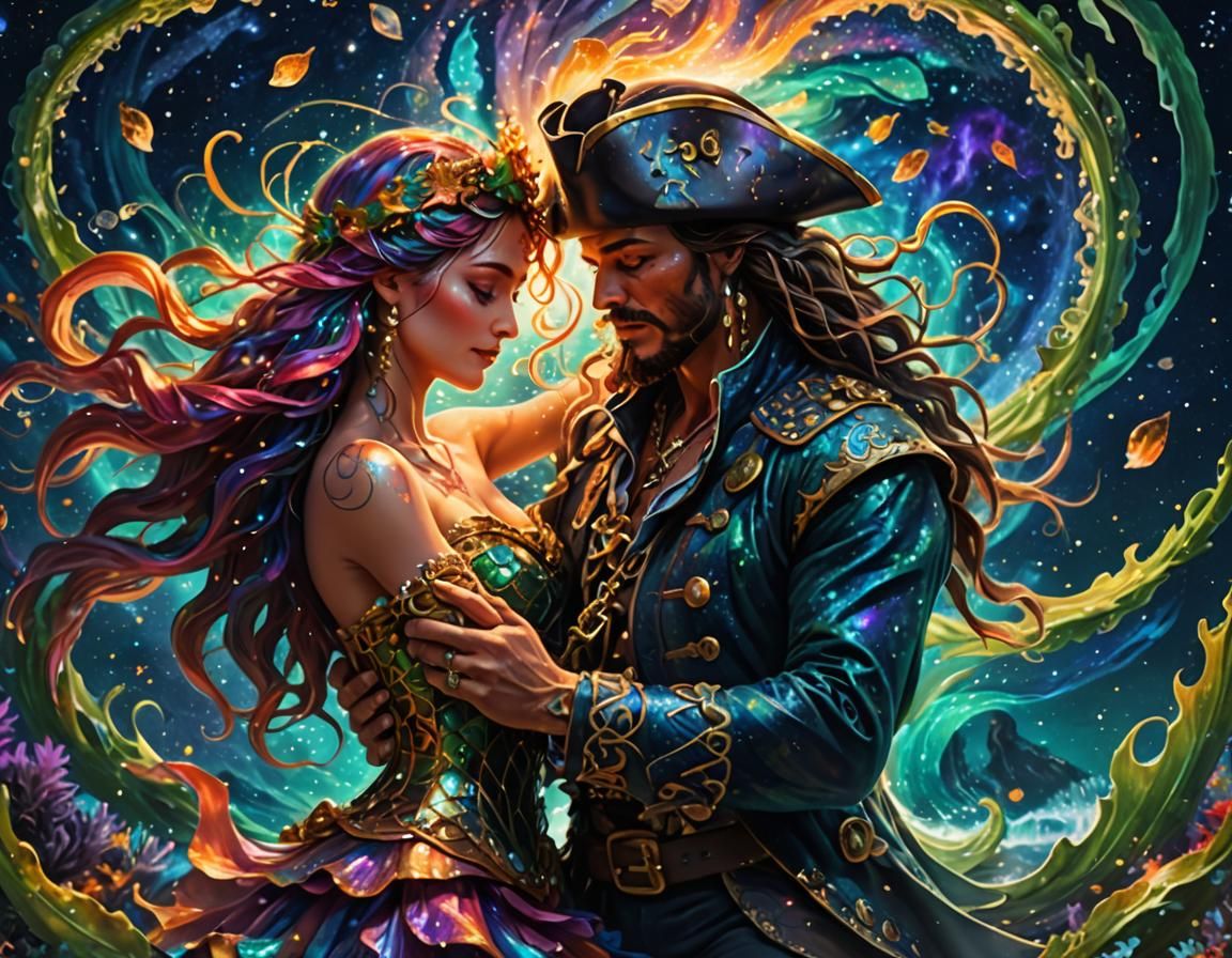 Pirate King and Mermaid Queen in Cosmic Embrace