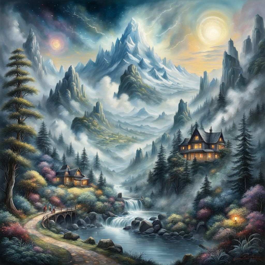 UFO and Alien in Space as Gouache Painting