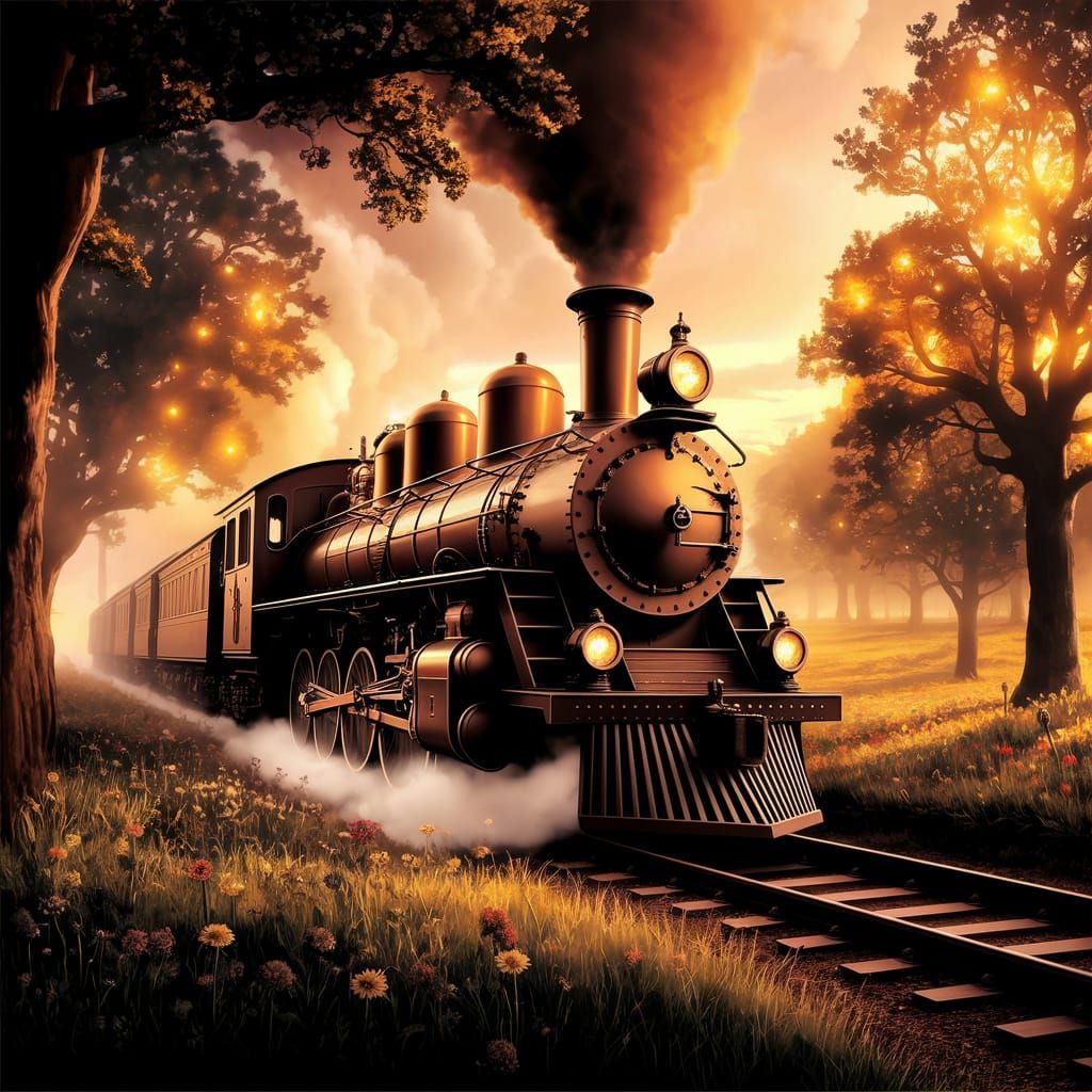 Majestic Steam Train Chugs Through Enchanted Fields
