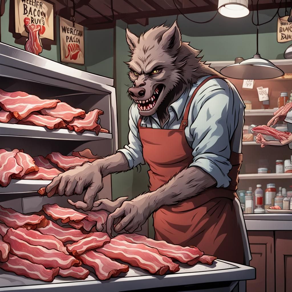 Werewolf Buys Bacon at Butcher Shop: AI Art