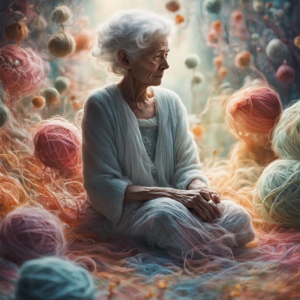 Old Woman Wrapped in Yarn in Surreal Textile Art