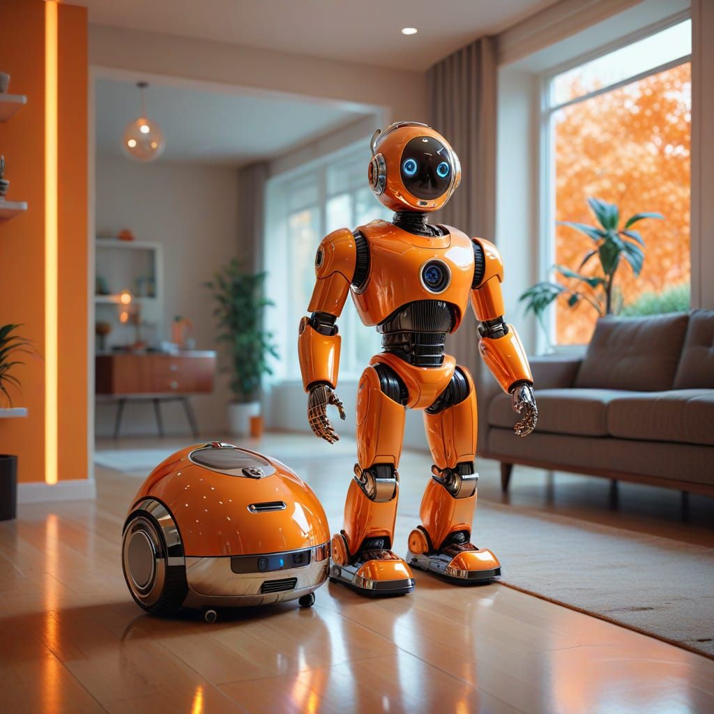 Retro Robot Vacuum in Glossy Orange and Chrome