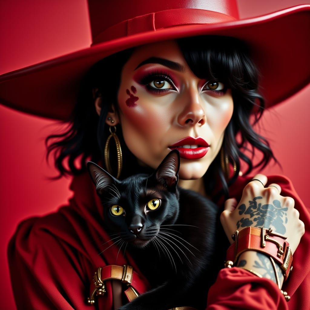Glamorous Woman with Red Hat and Black Cat Studio Portrait
