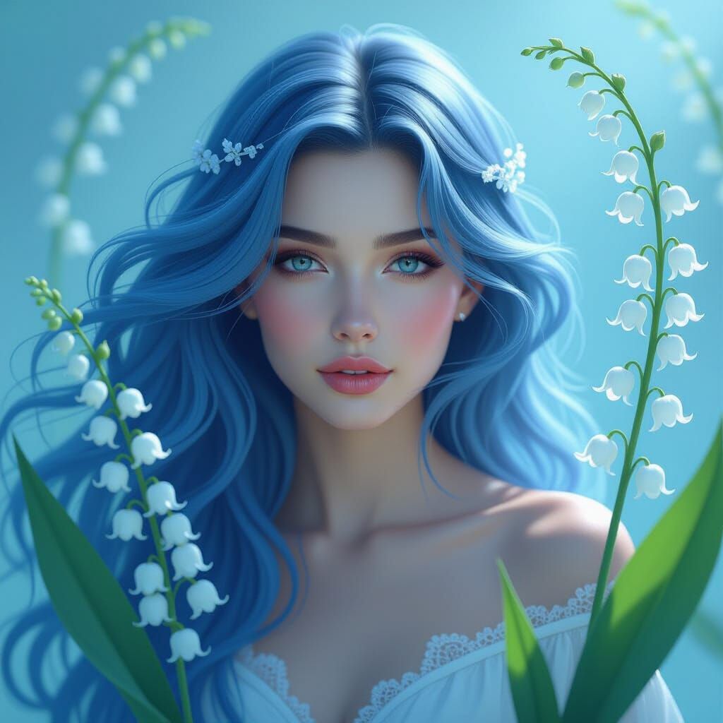 A serene, ethereal portrait of a woman with flowing, blue-to...