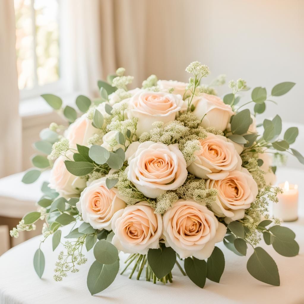 Sage Green and Peach Wedding Bouquet in Soft Light