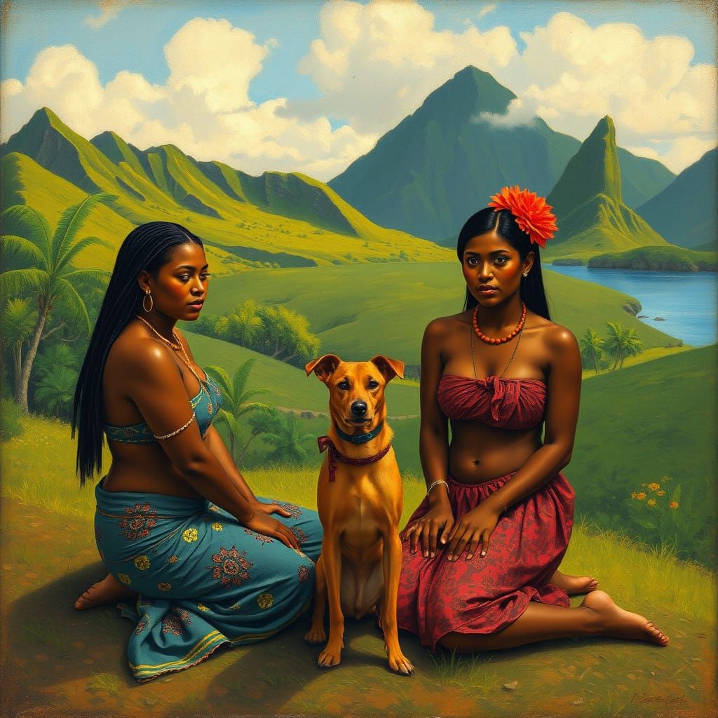 Post-Impressionist Tahitian Scene with Women and Dog