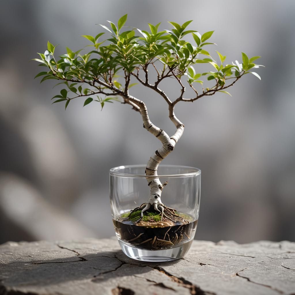 Bonsai Birch Tree in Glass Cup: Macro Photography