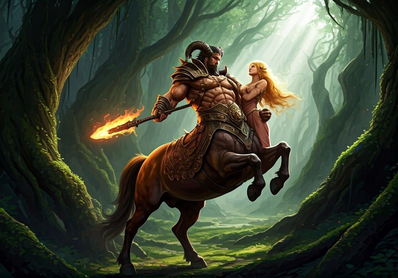 Centaur with Damsel in Mystical Forest, Splash Art