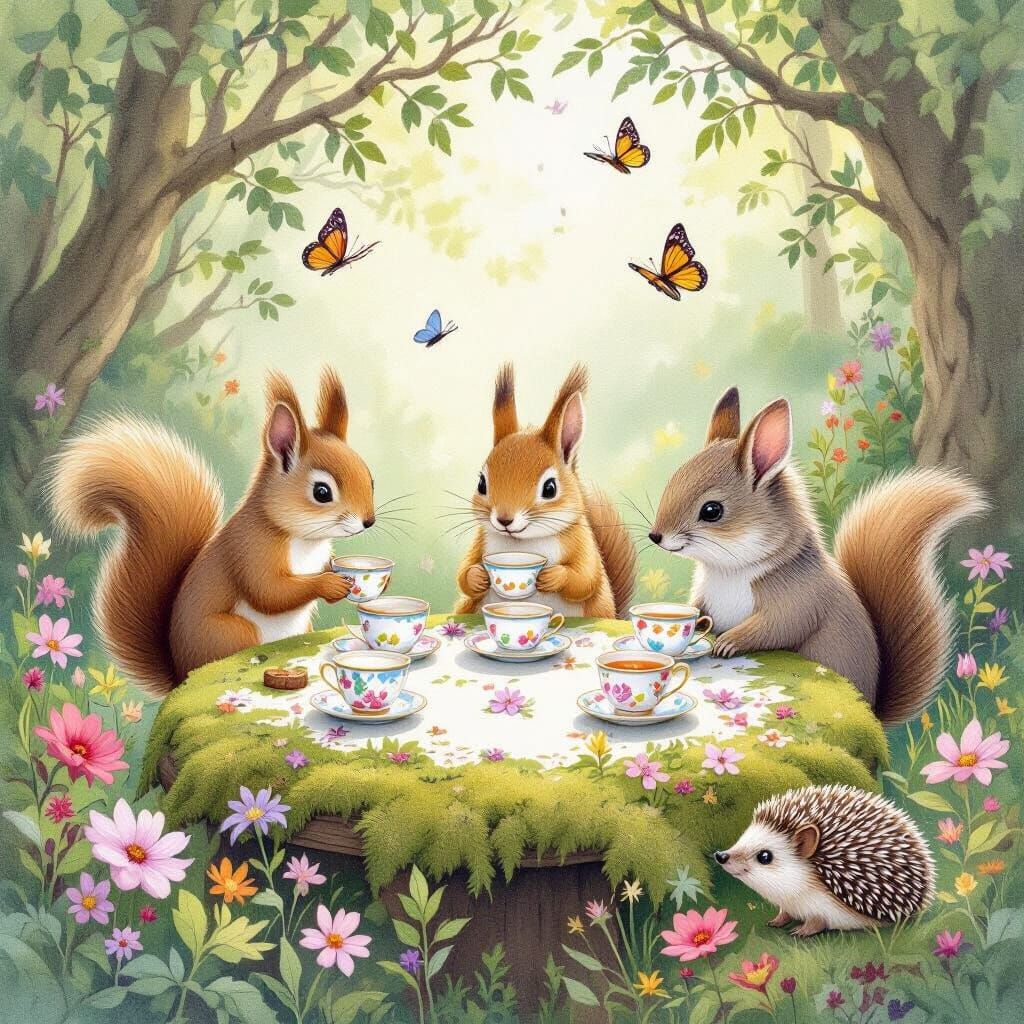 Woodland Creatures Tea Party in Watercolor Style