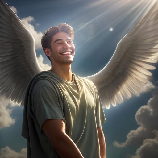 light shining in heaven smiling young man