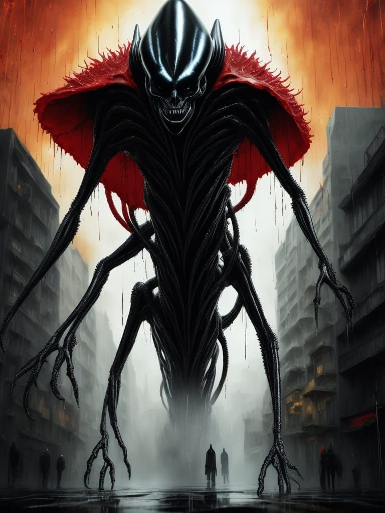 Gothic Sci-Fi Alien Woman on Wet Street