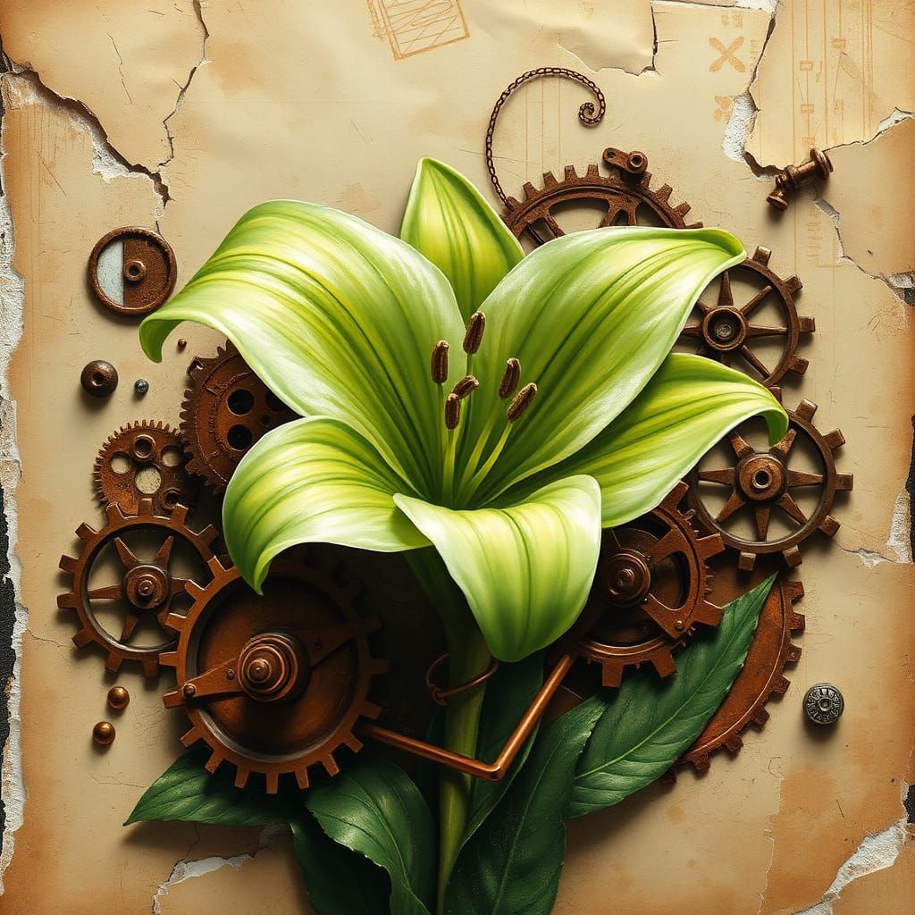 A delicate, greenish lily flower with intricate, swirling petals, set amidst a cluster of steampunk gears, copper filigr...