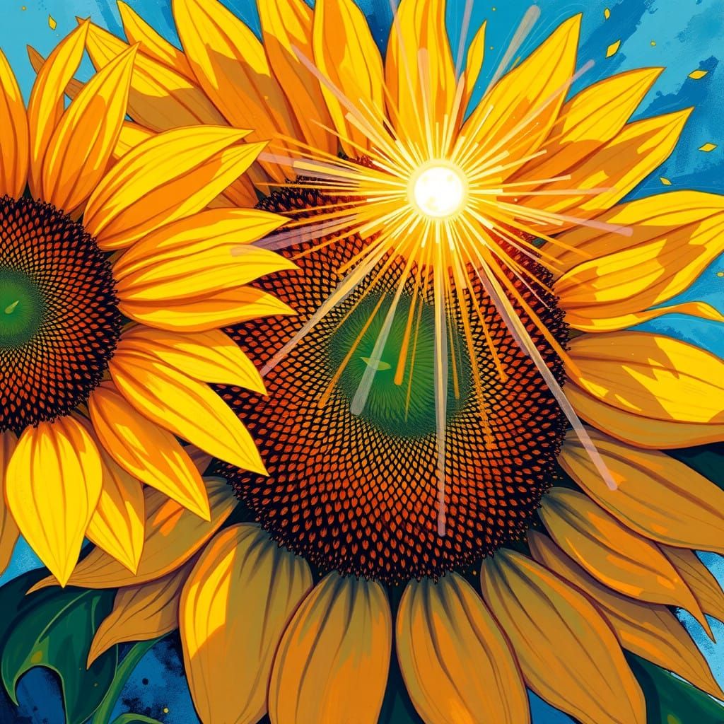 Sunflowers in Fauvist Dreamscape with Whirling Sunbeams