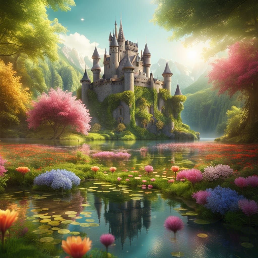 Lush Flower Garden Castle by a Peaceful Lake