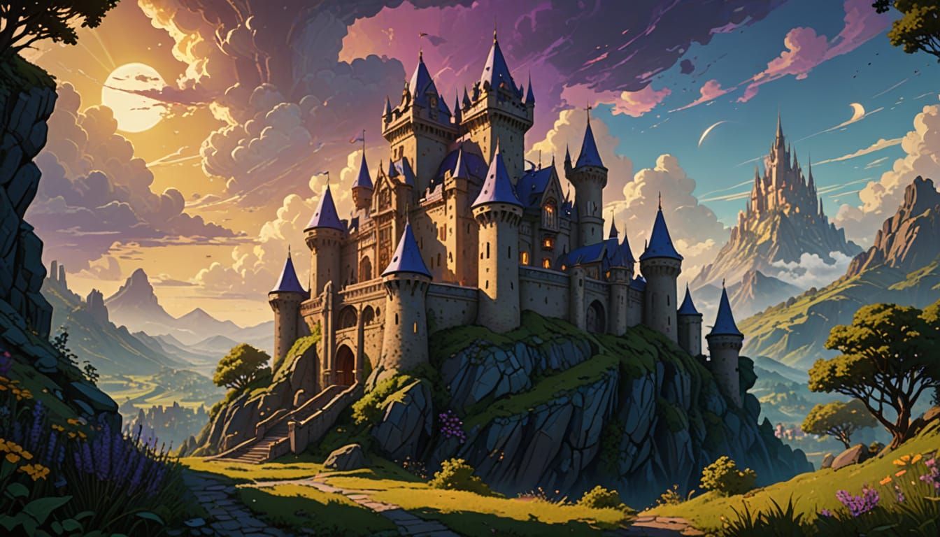 Majestic Castle in a Fantastical Landscape, Dark Fantasy Con...