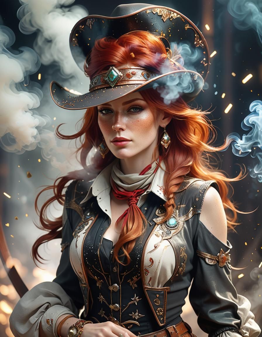 Thin cowgirl beuatiful looking redhead  in hat, smoke and sp...