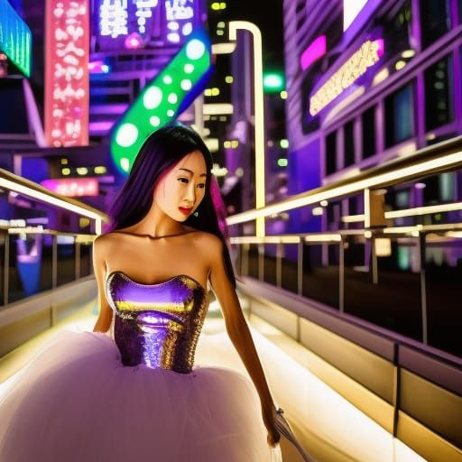 Cyborg Woman in Neon Cyberpunk Cityscape