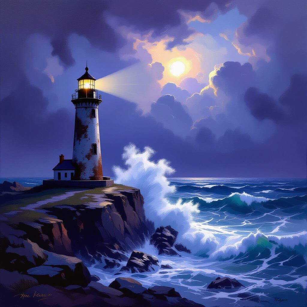 Stormy Seas: Lighthouse in Oil Painting Style