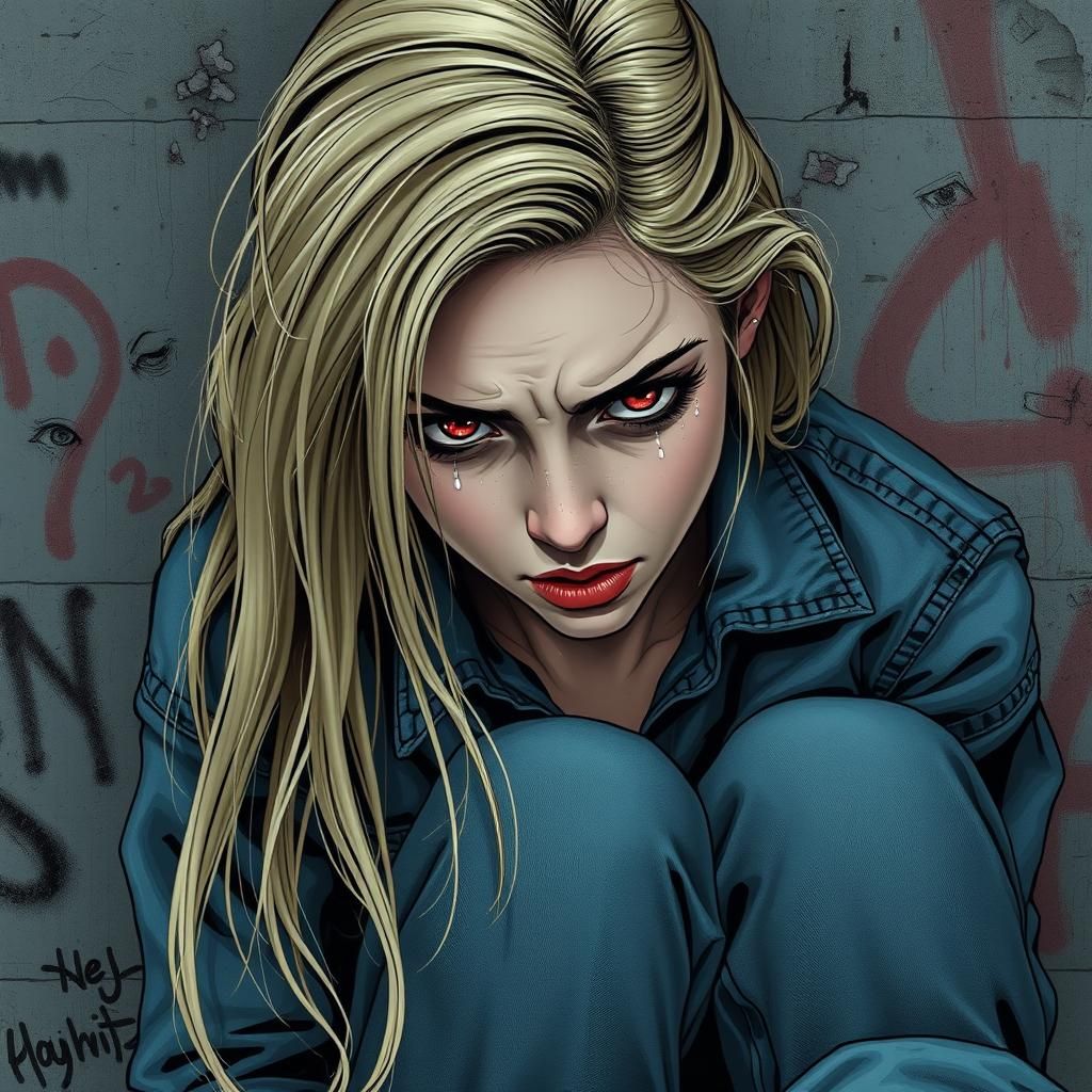 Despairing Girl with Lip Piercing in Comic Book Art