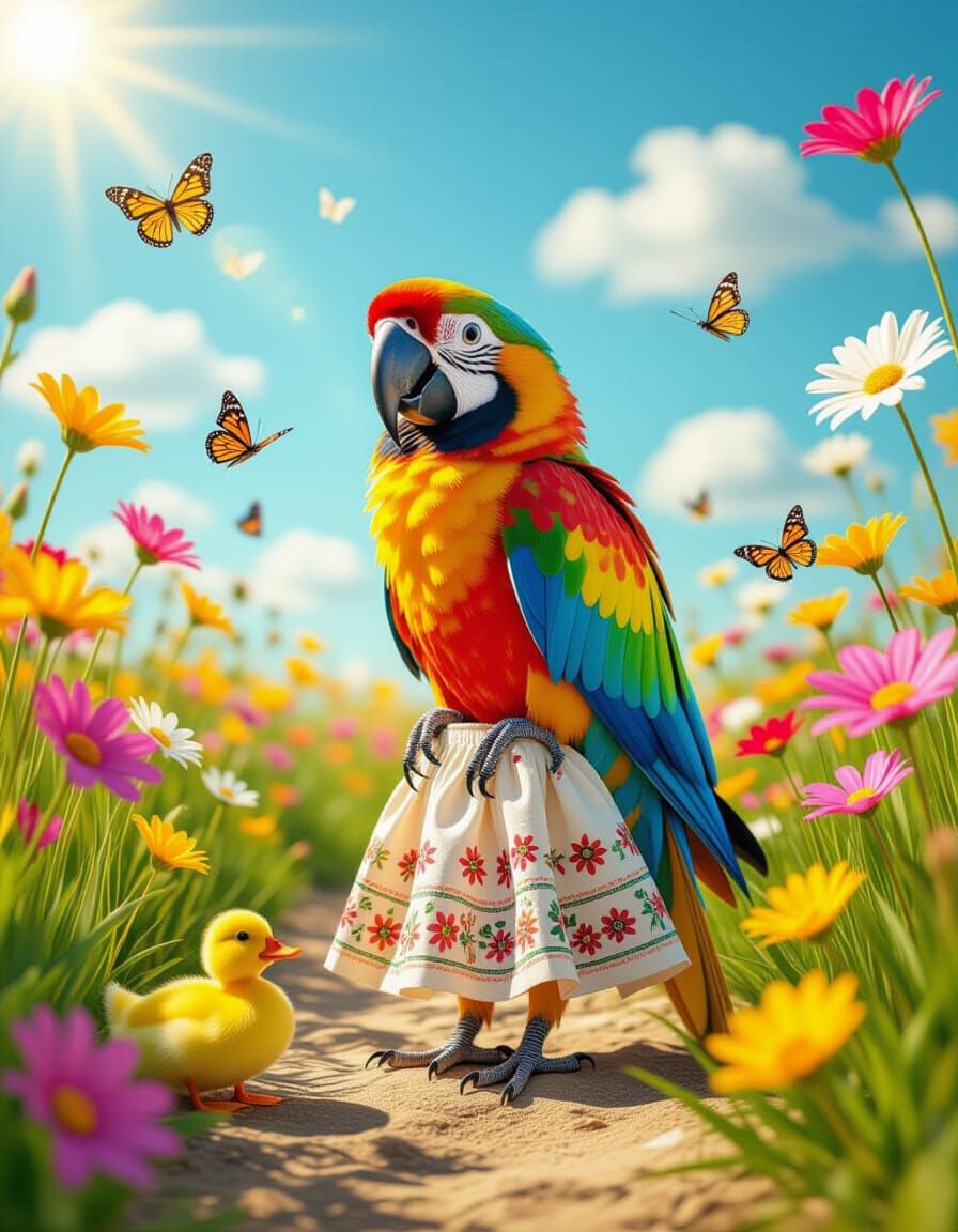 Anthropomorphic Parrot in Flower Meadow, 3D Render
