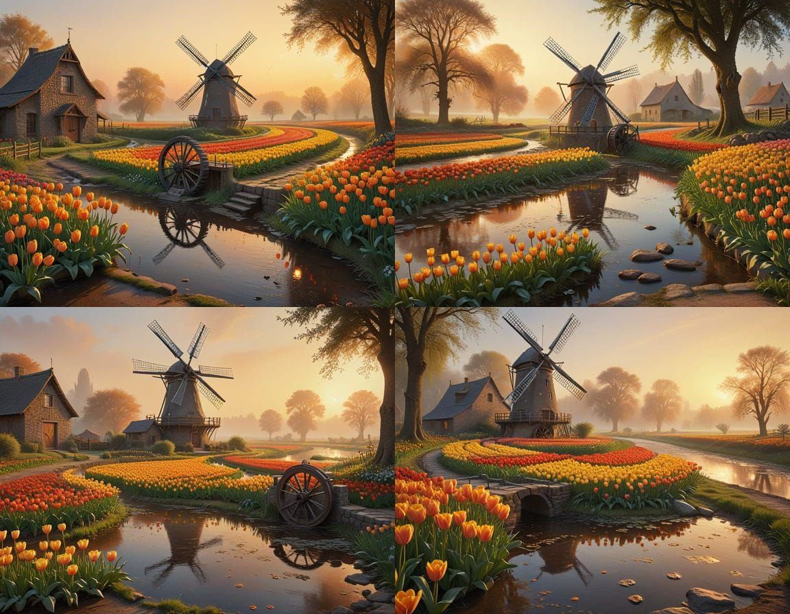 Peaceful Sunrise Landscape in Oil Painting Style
