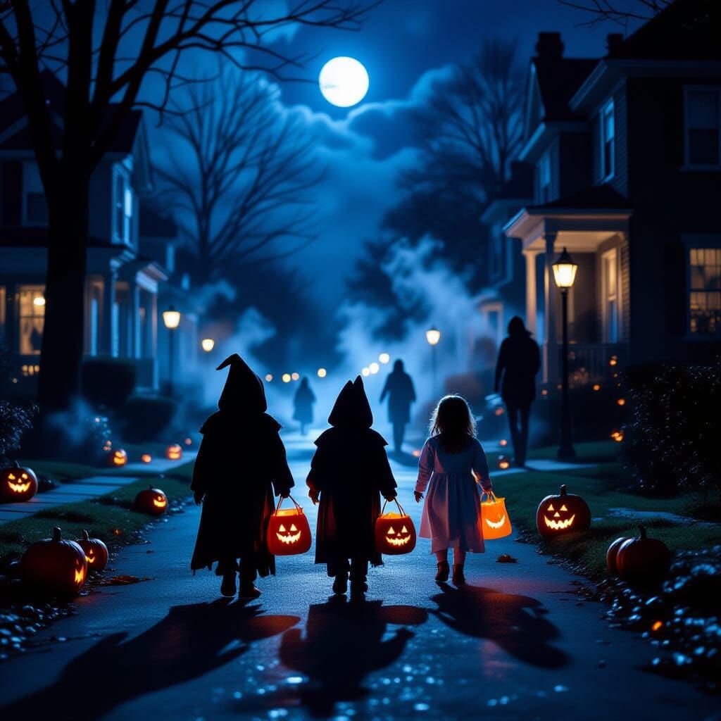 Eerie Halloween Night: Children Trick-or-Treating in Spooky ...