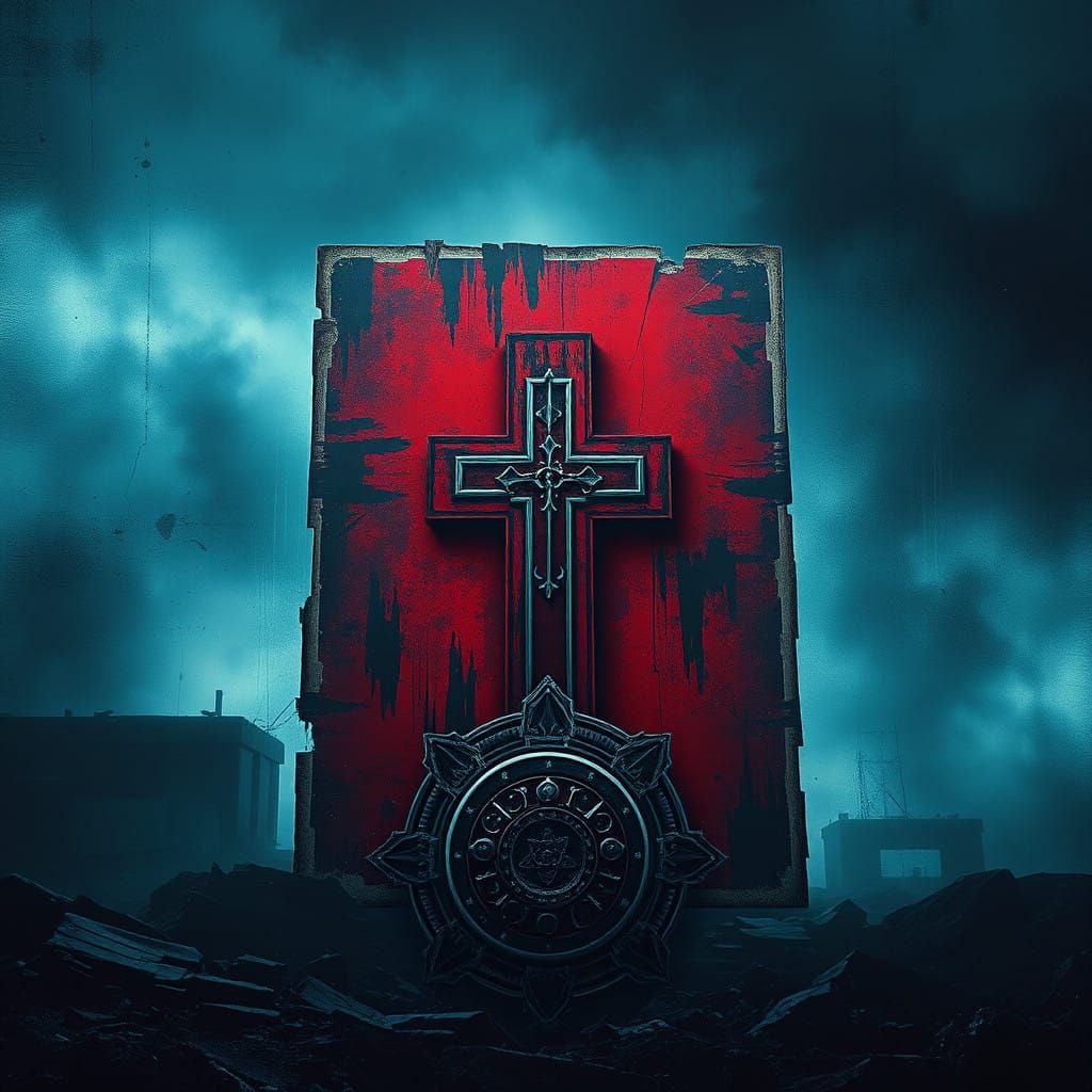 Dark Apocalypse Book Cover with Metallic Cross in Gritty Sty...