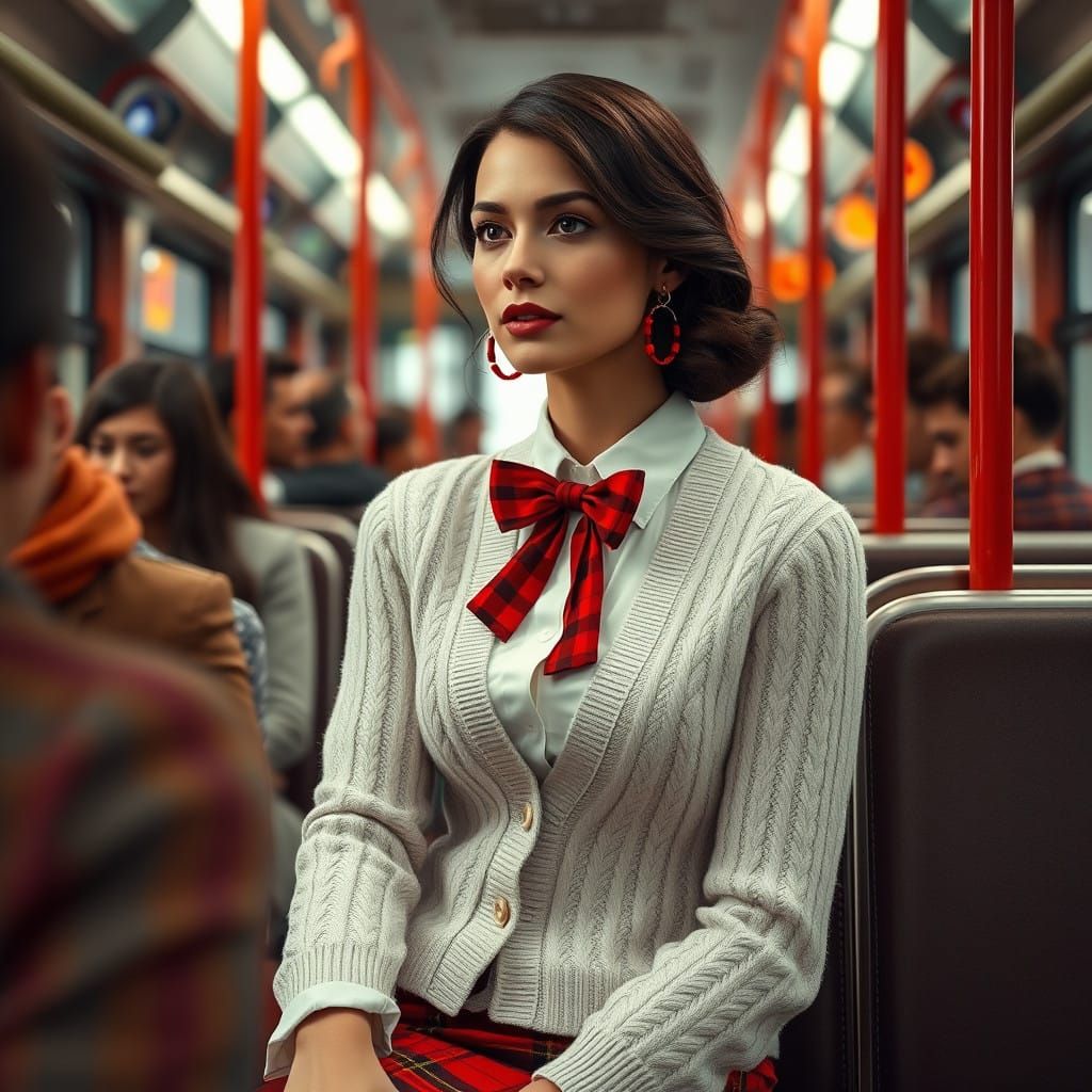 Elegant Woman in Red Plaid Skirt, Surrounded by Mundane Pass...