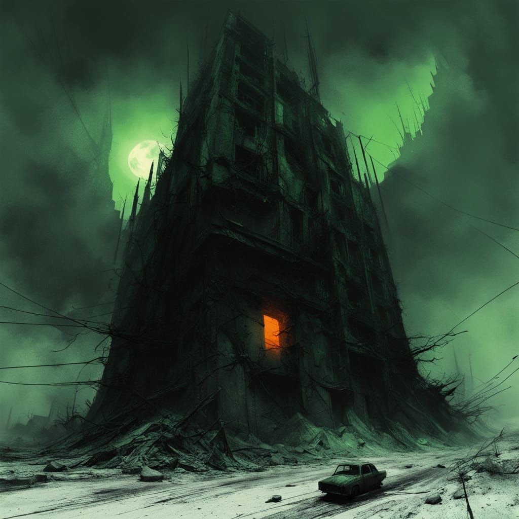 Grimdark Warrior in Ruined Cityscape