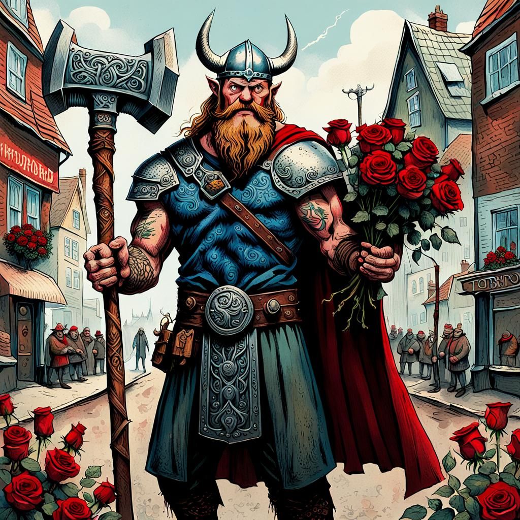 Viking with Roses: Whimsical Illustration