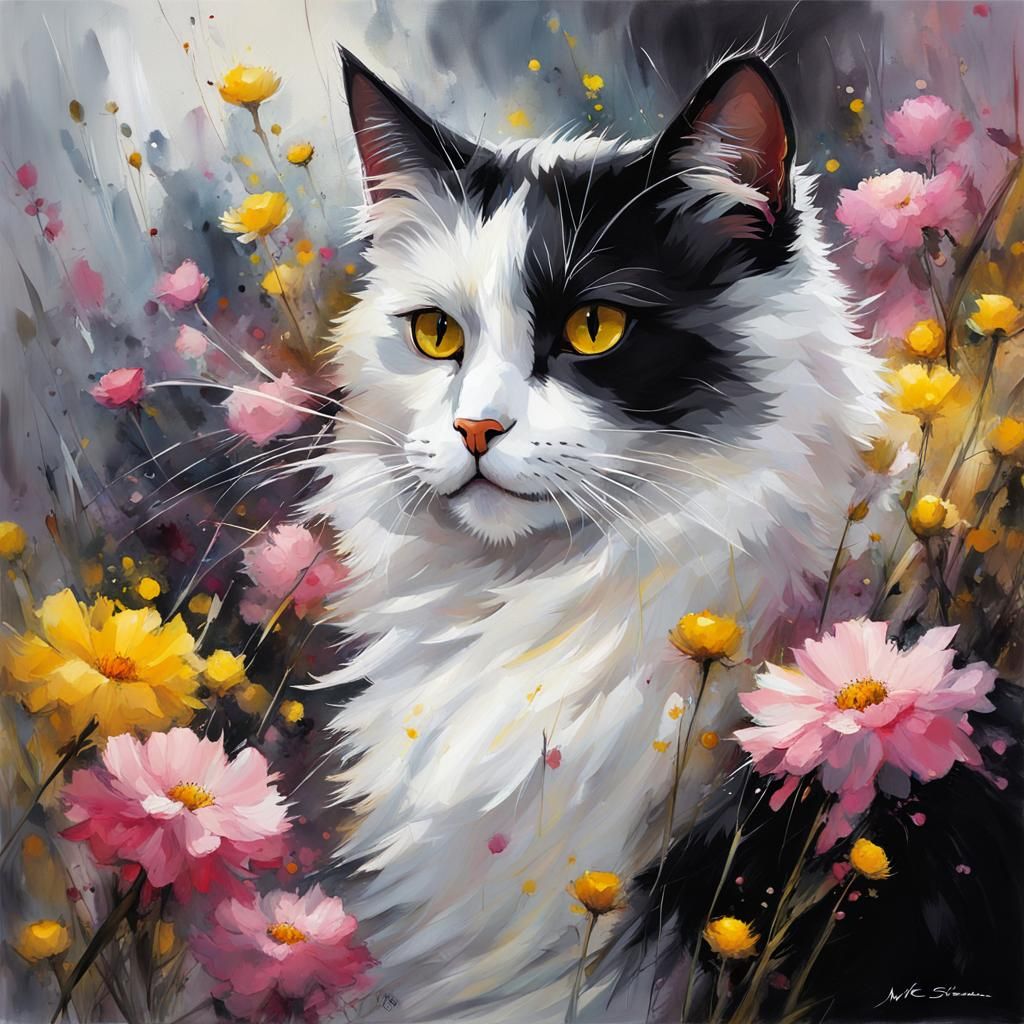 Fluffy Cat Portrait with Floral Accents