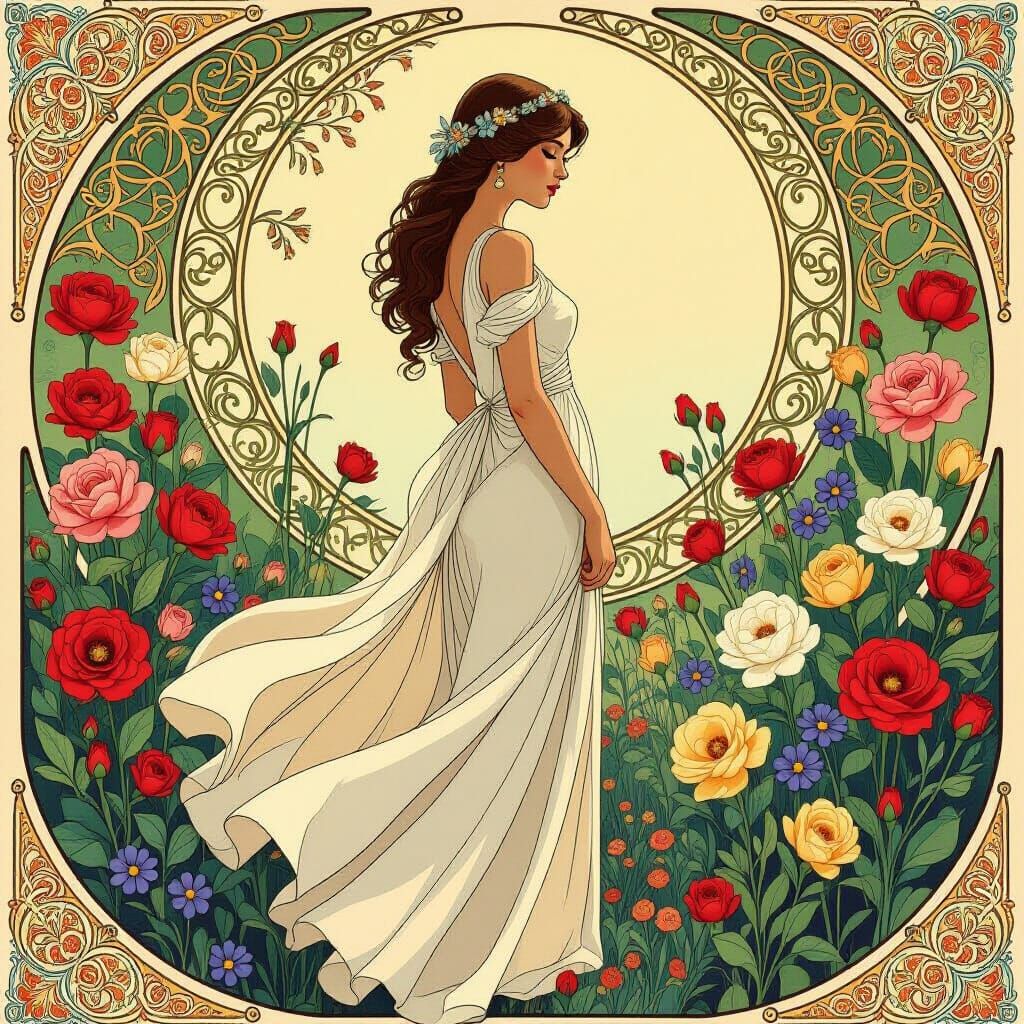 Woman in Floral Paradise: Art Nouveau Style