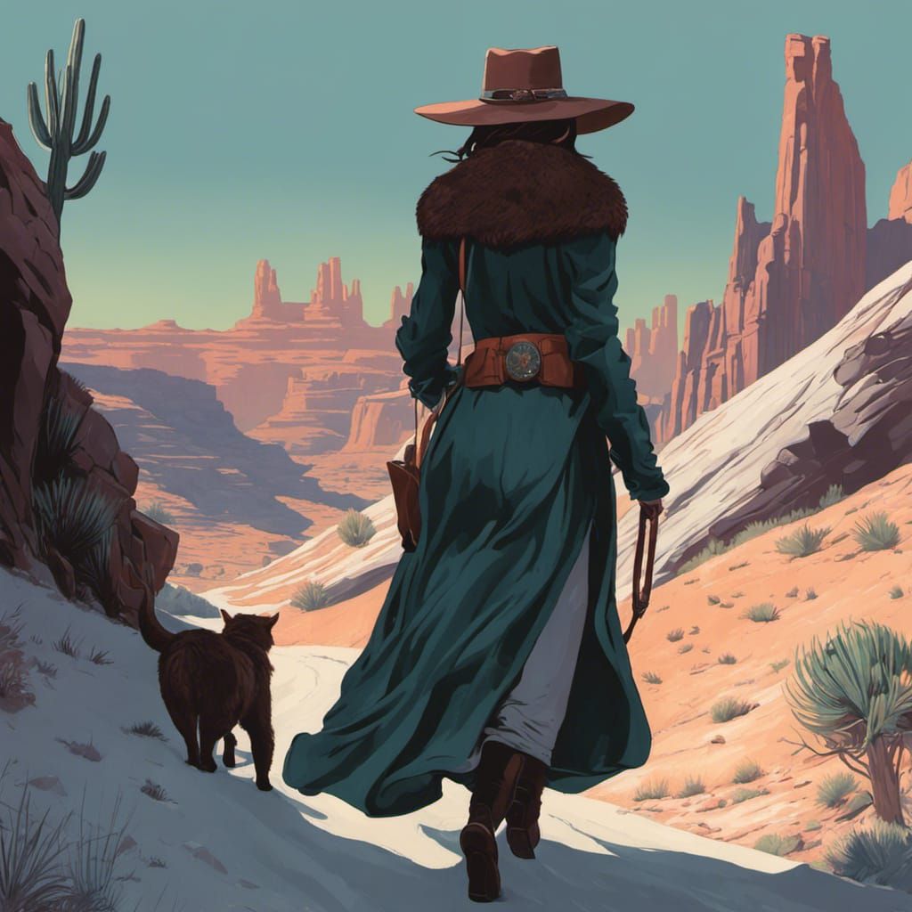 Mink Cowgirl Enters Arizona Canyon: Detailed Illustration