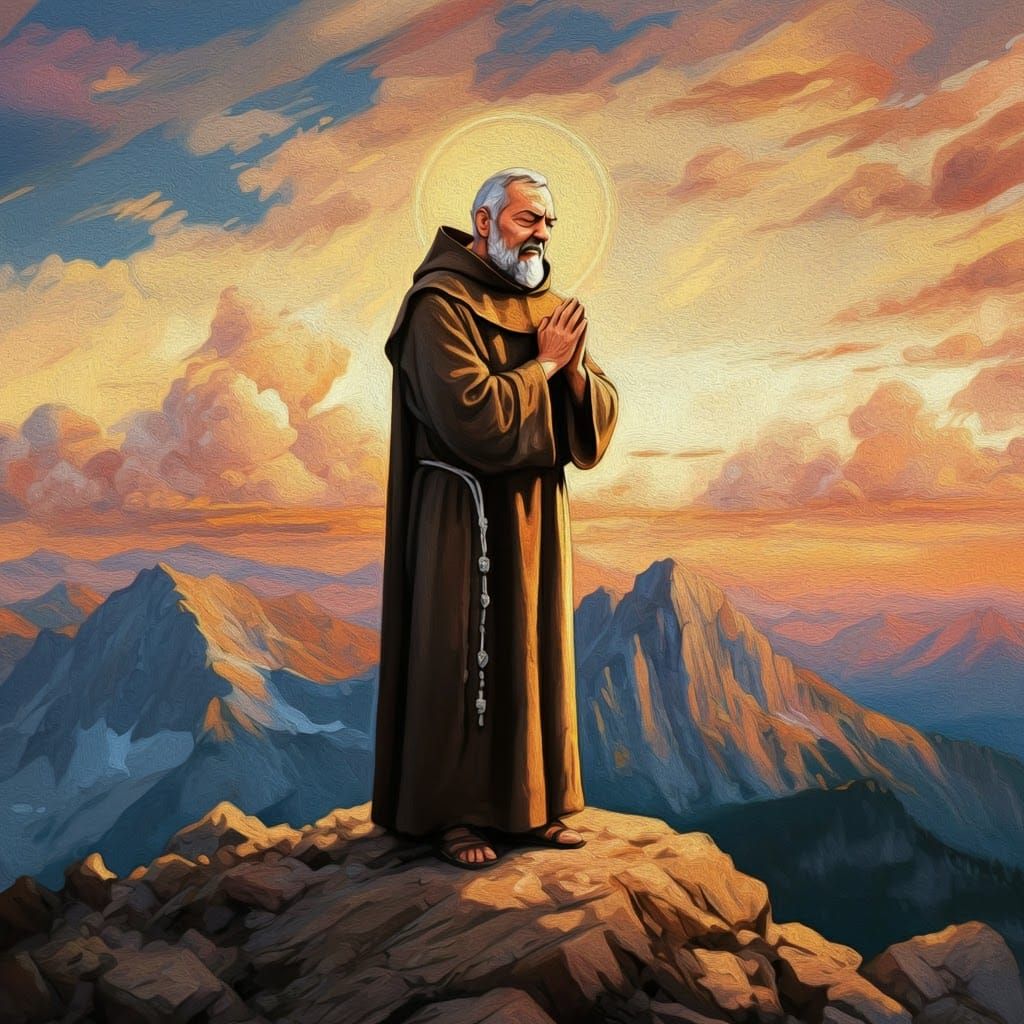 Saint Padre Pio Praying on Mountain in Sunlight