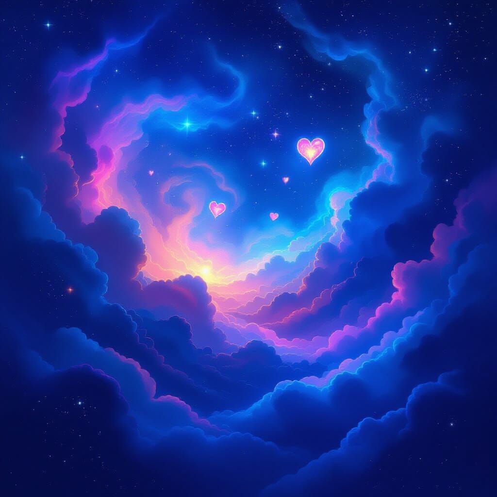 Mystical Night Sky with Glowing Heart Shapes