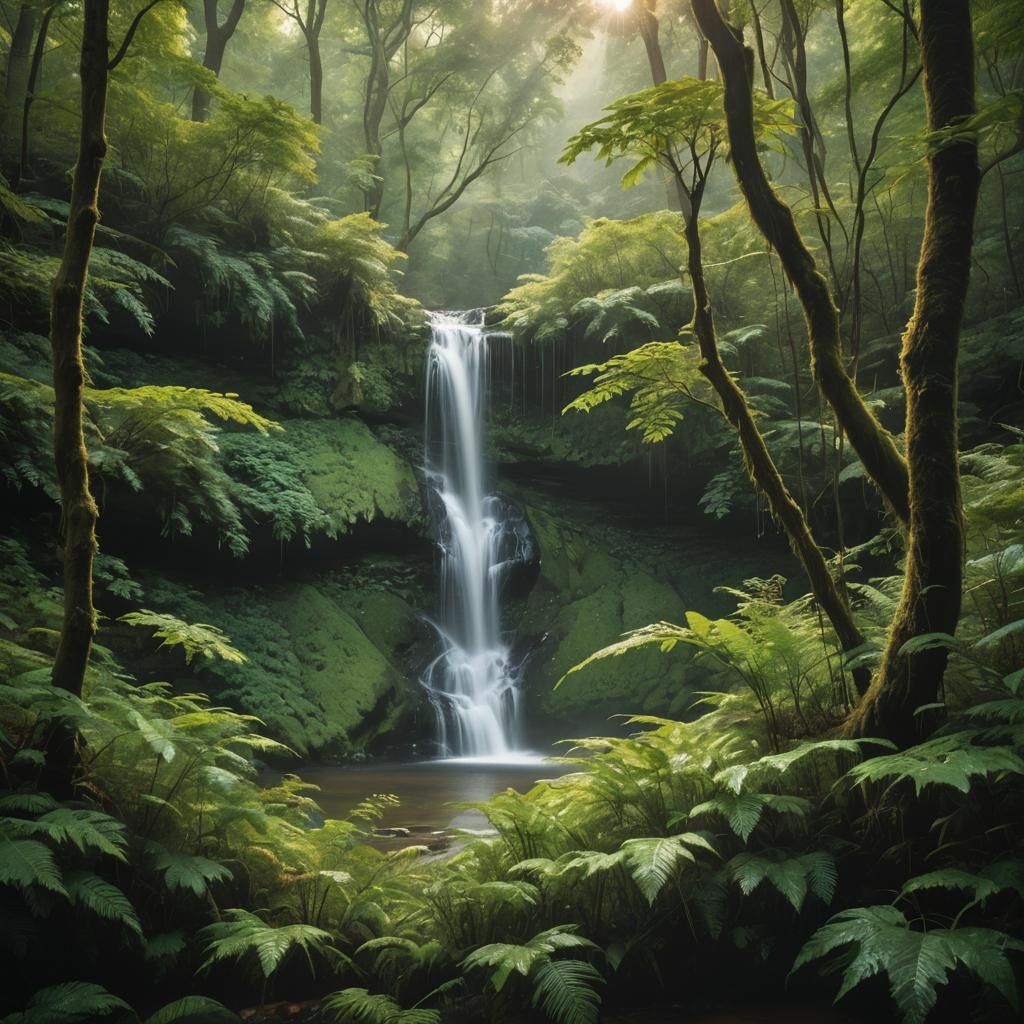 Luminous Waterfall Cascades in Emerald Forest