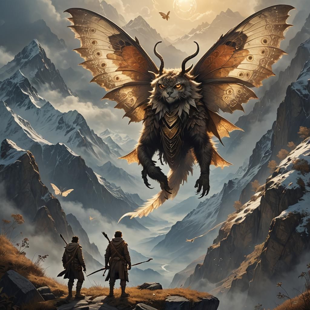 Hunter Gazing at Giant Moth in Misty Mountains