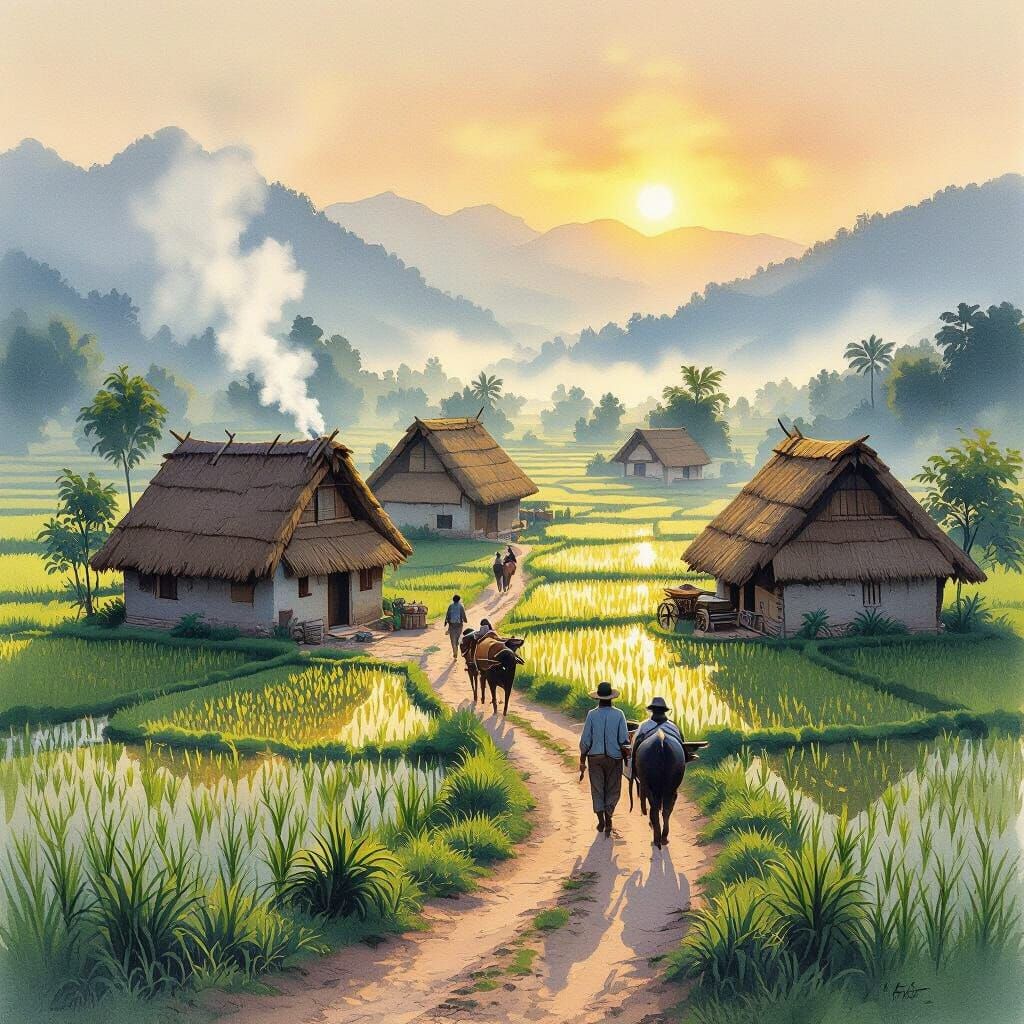 Rural Sunrise Village in Watercolor Style