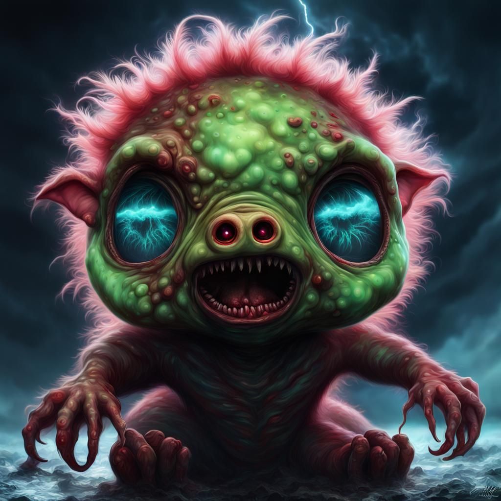 Horror Hybrid: Mutated Alien Baby with Electric Aura