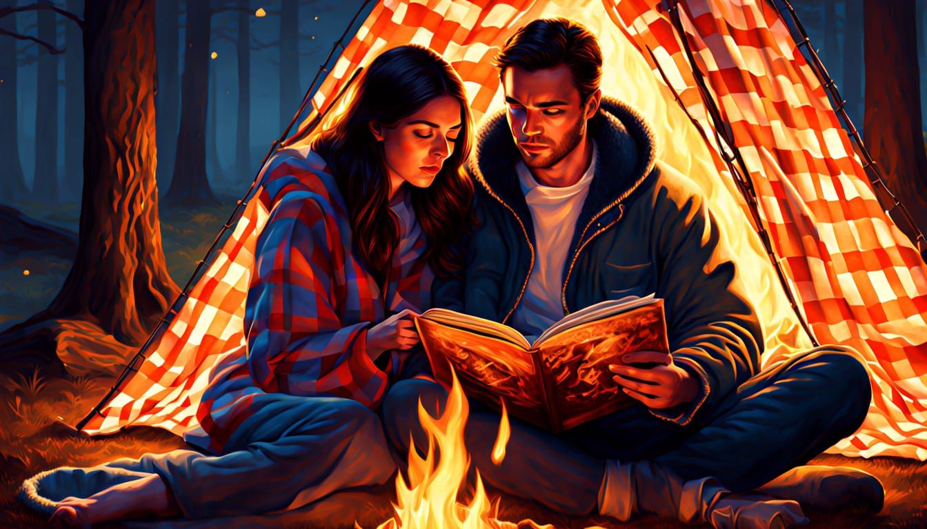 Cozy Couple Cuddling by Campfire, Hyperrealistic Digital Art