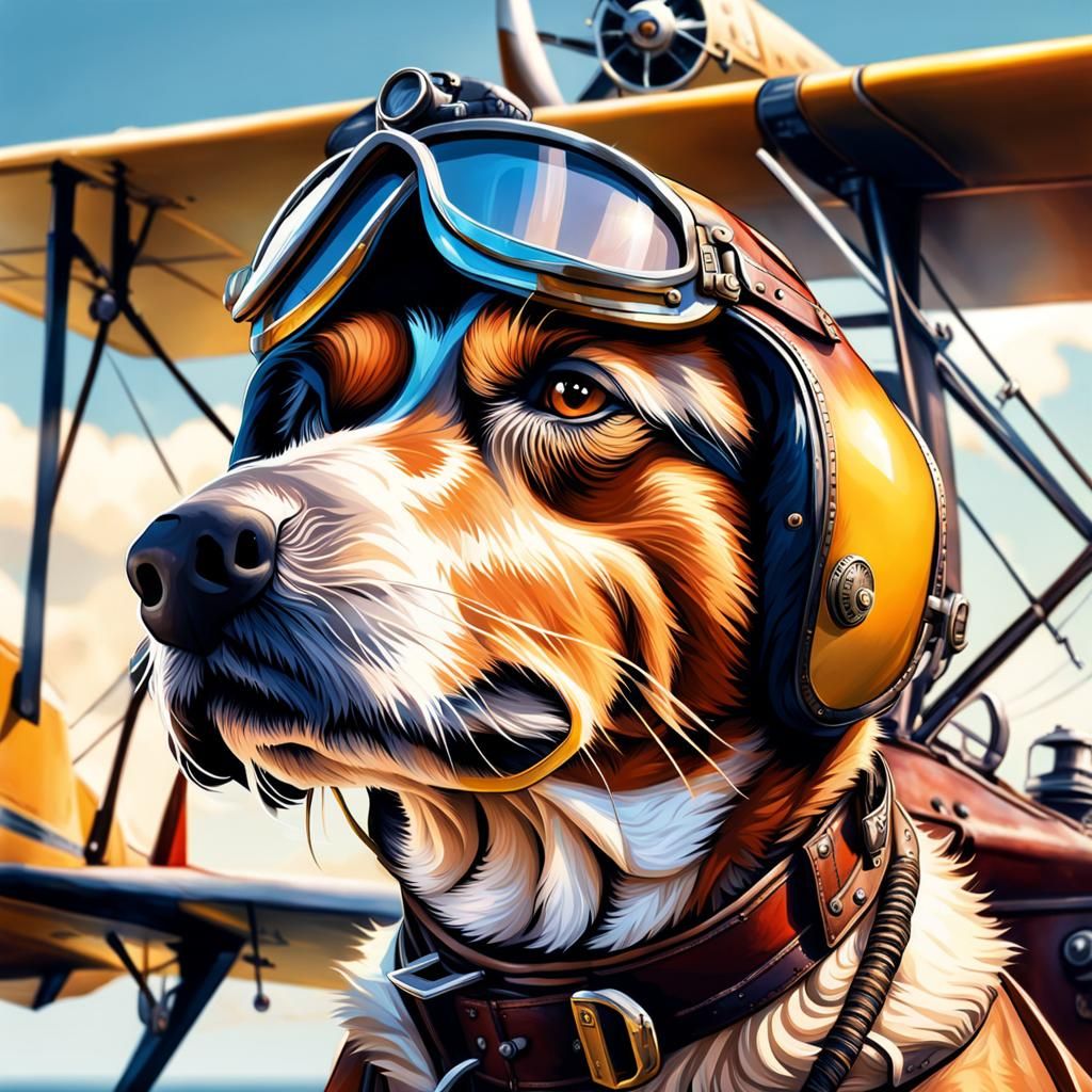 Dog Pilot in 1920s Biplane: Hyperrealistic Splash Art