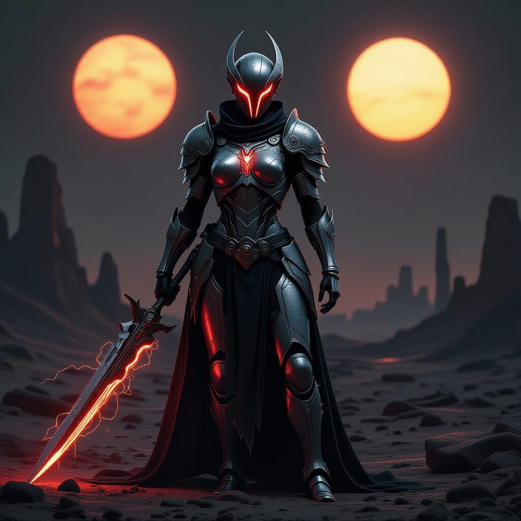 Biomechanical Warrior Stands Guard in Alien Wasteland