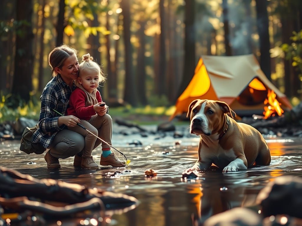 Mother Teaches Children Fishing in Forest