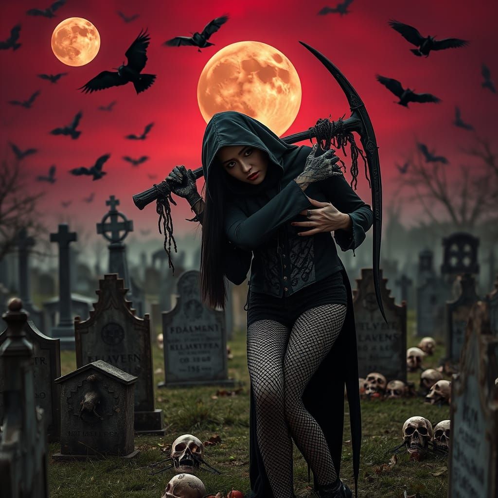 Dark Gothic Reaper Embracing Asian Woman in Spooky Graveyard