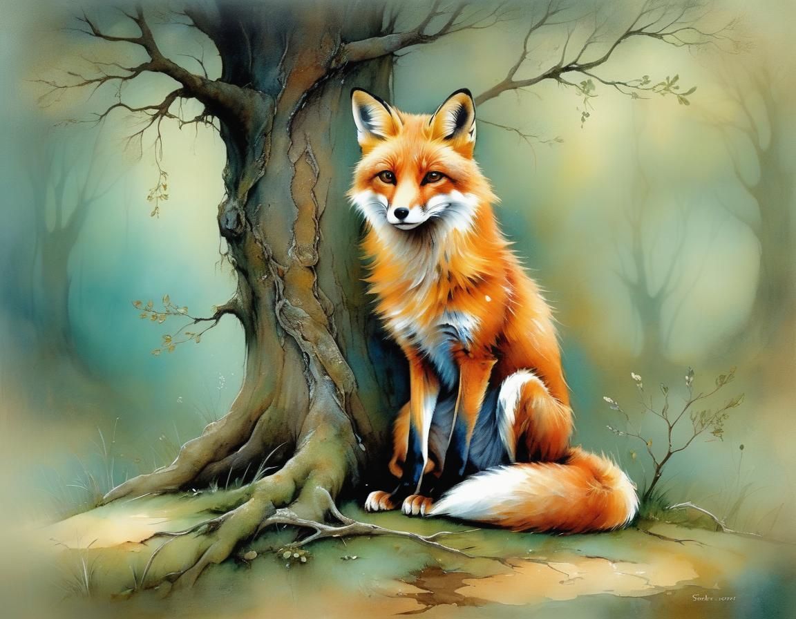Fox in Landscape Inspired by Mystical Art