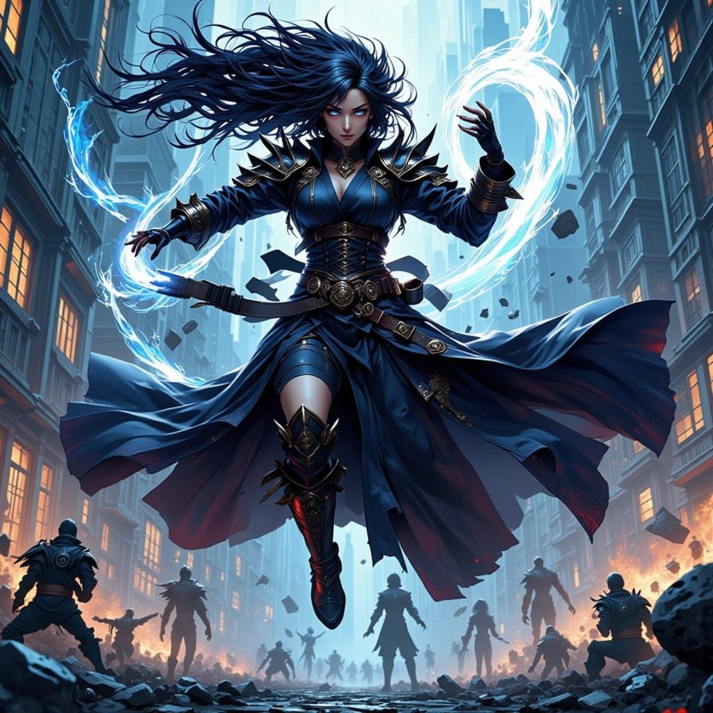 Dark Gothic Hero's Mid-Air Kick in Manga Style