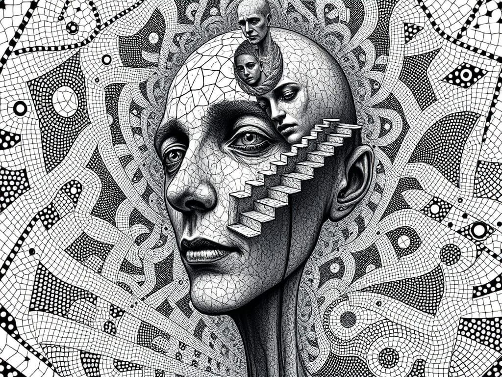 Escher-Inspired Geometric Portrait in Black and White
