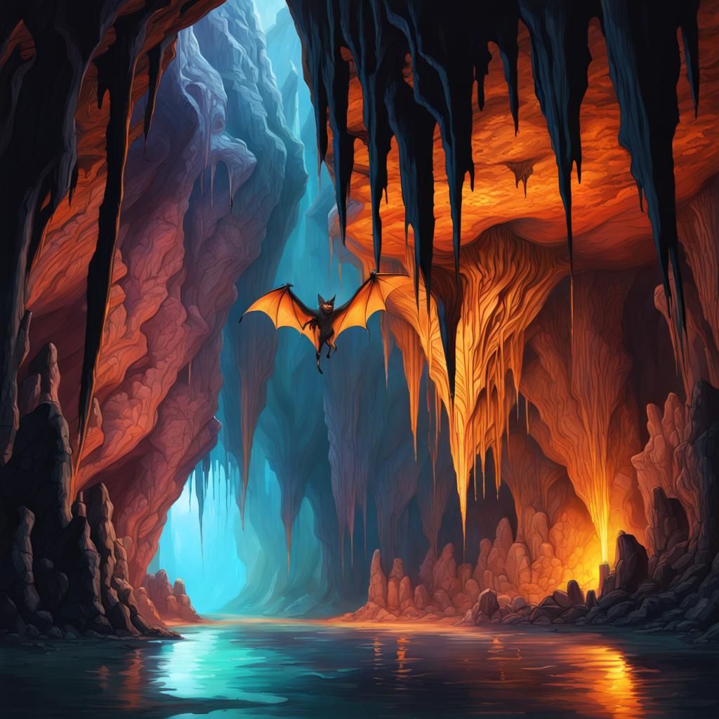 Magical Cave with Hanging Bat in Splash Art Style