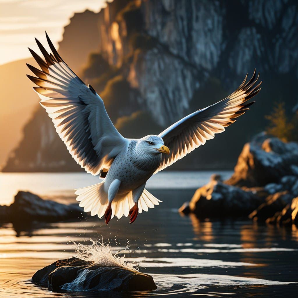 Herring Gull Soaring Over Fjord in Cubist Style